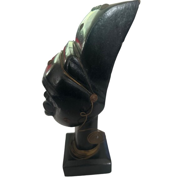 Vintage Haitian Wood Sculpture With Brass Adornments & Earrings Handcrafted - Picture 3 of 13